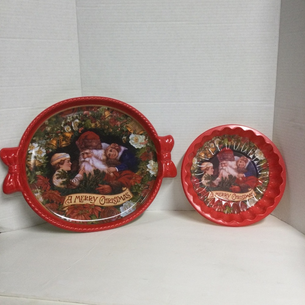 Vintage Set 2 Christmas Plastic Trays Victorian Santa & Children